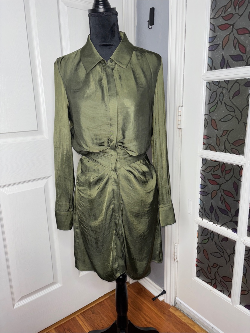 Steve Madden Olive Satin Long-Sleeve Button Dress